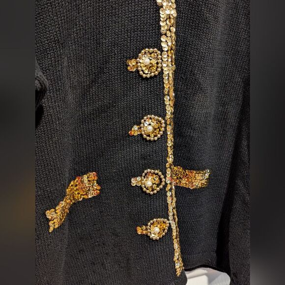 Vintage Marmie West Size Medium Black and Gold Women's Sequin Holiday Sweater - Picture 3 of 8